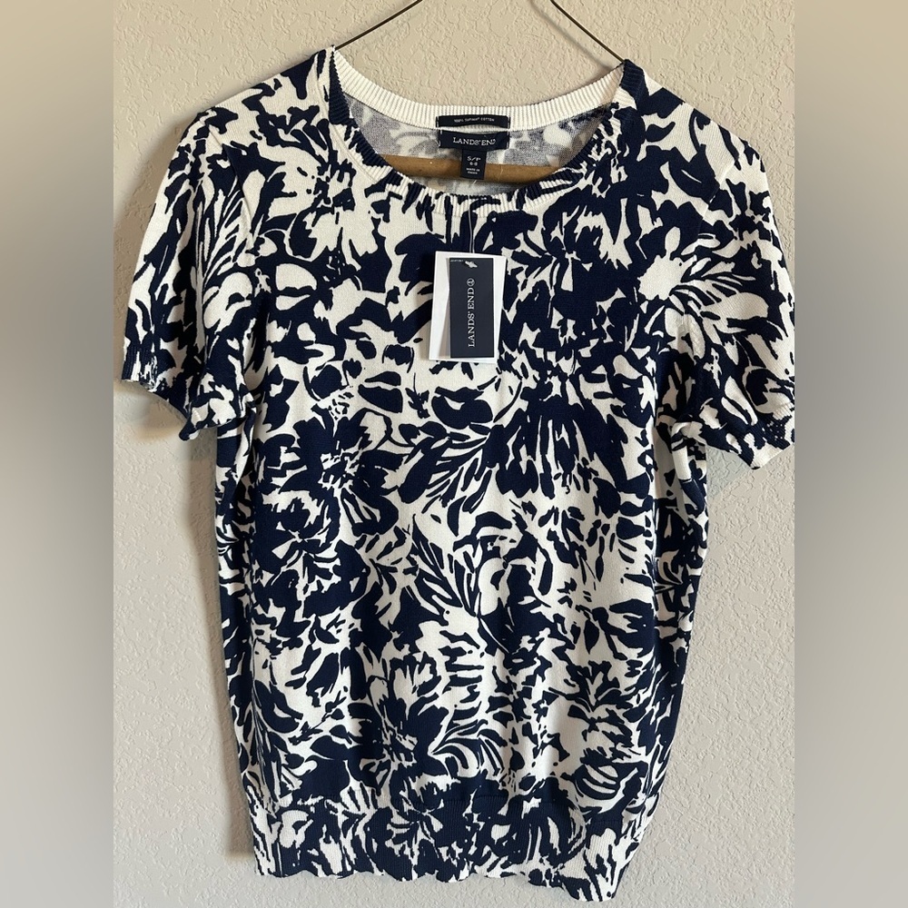 Lands' End Women's Short Sleeve Navy Floral Tee